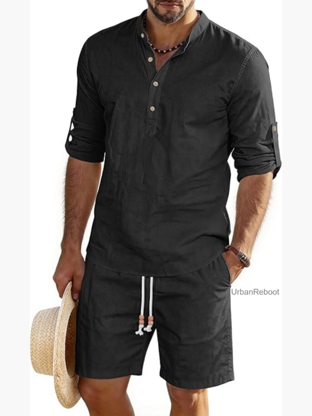 Men's Linen Cotton 2 Piece Set Cuban Henley Shirt & Shorts Summer Beach